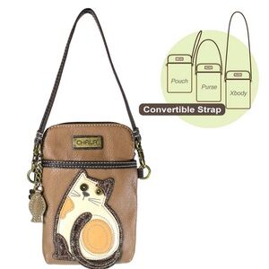 CHALA CELLPHONE CROSSBODY LAZZY CAT NWOT Vegan Leather Purse Pouch Brown Tan Zip